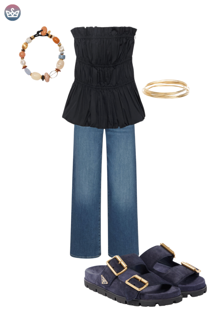 Transitional casual fall outfit featuring a black smocked tube top straight leg denim jeans and a layered beaded necklace This look prioritizes comfort and style with sturdy dark navy suede double strap sandals An easy laid back ensemble that shows how to pair comfortable walkable footwear with classic denim for an autumn look