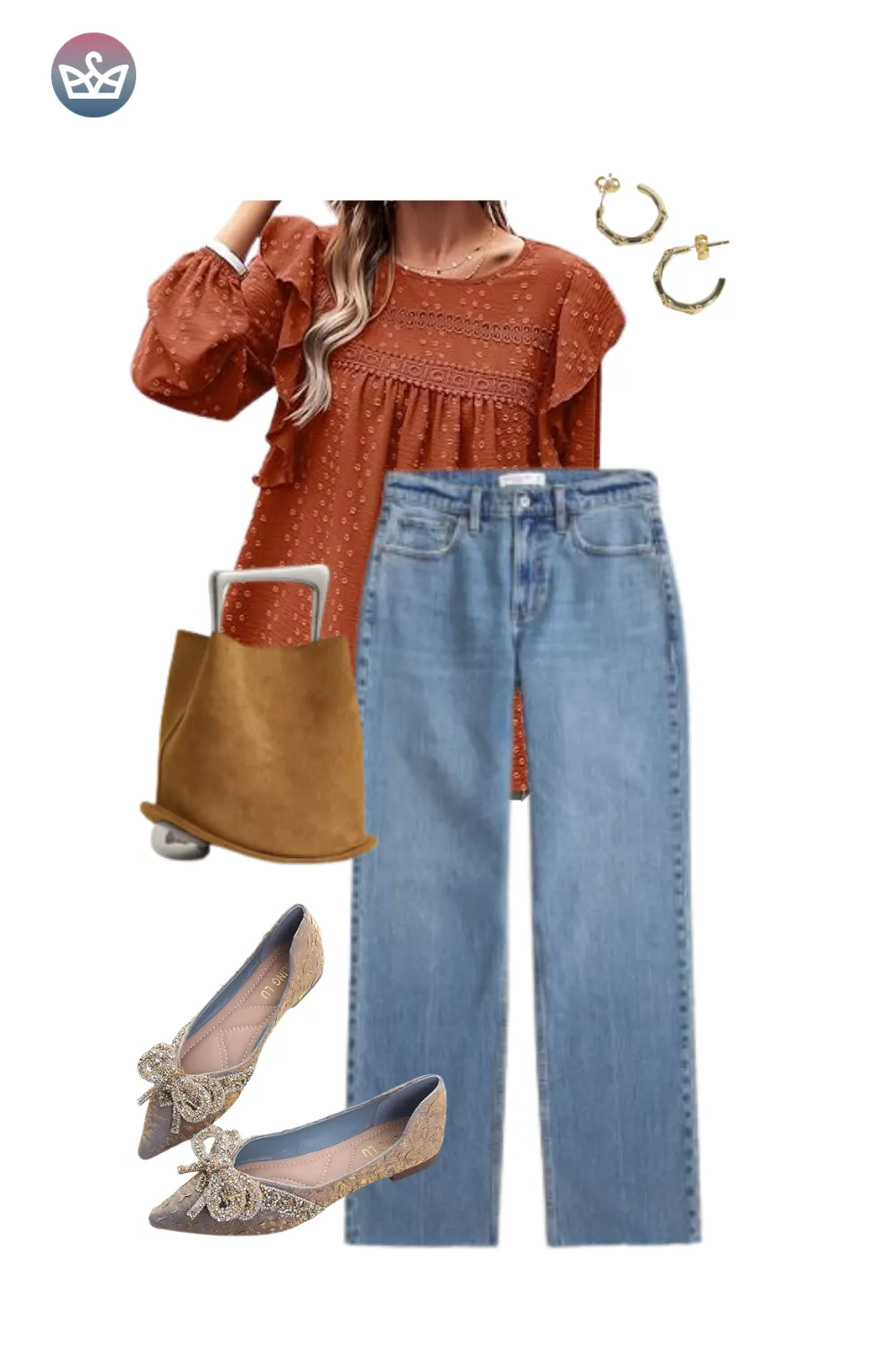 Warm rust top and jeans pairing for a timeless Amazon Fashion Thanksgiving Outfit.