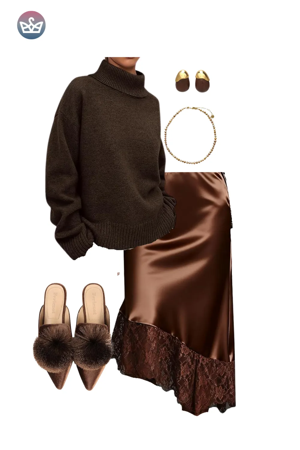 Brown turtleneck sweater with satin skirt and pointed mules.