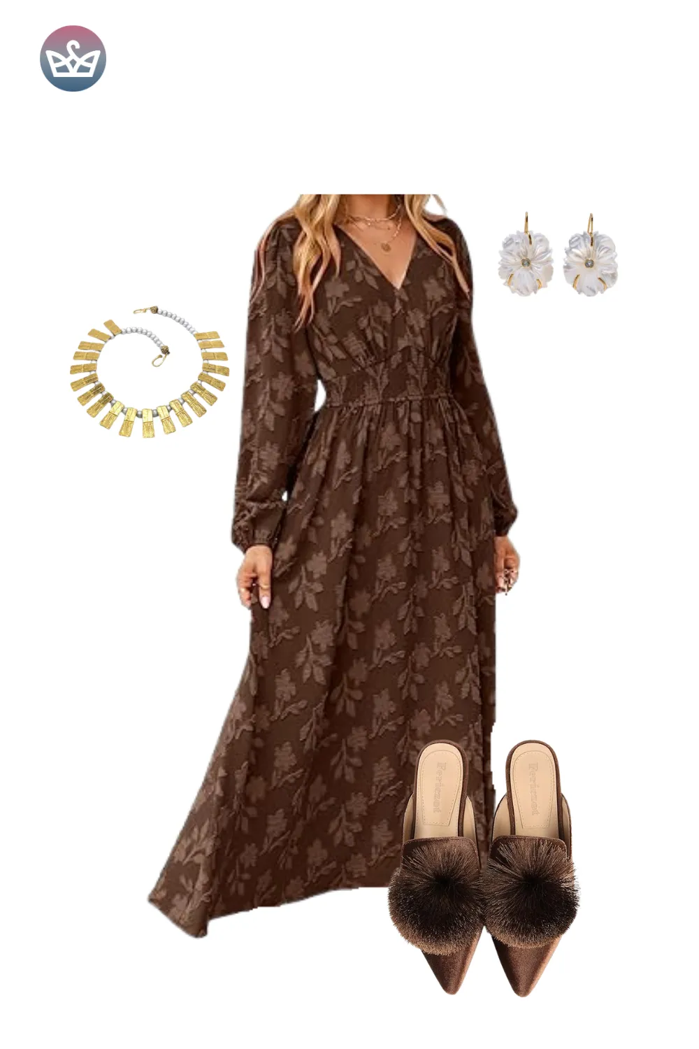 Brown floral maxi dress with beige heels and gold jewelry.