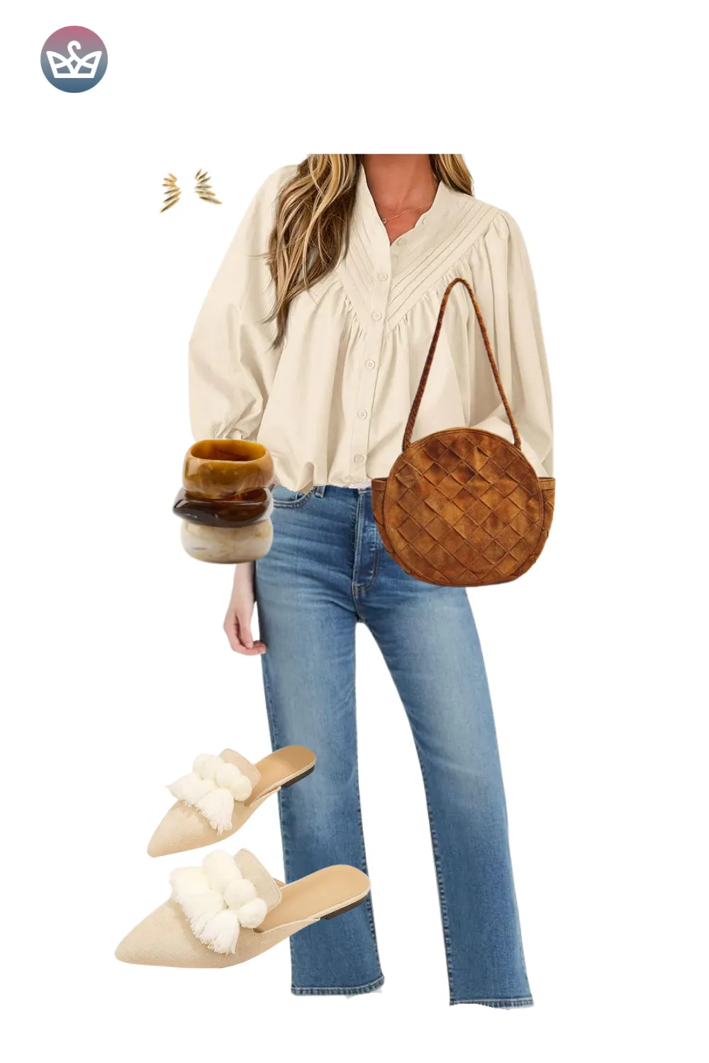 Cream blouse with jeans, gold earrings, and beige pointed heels.