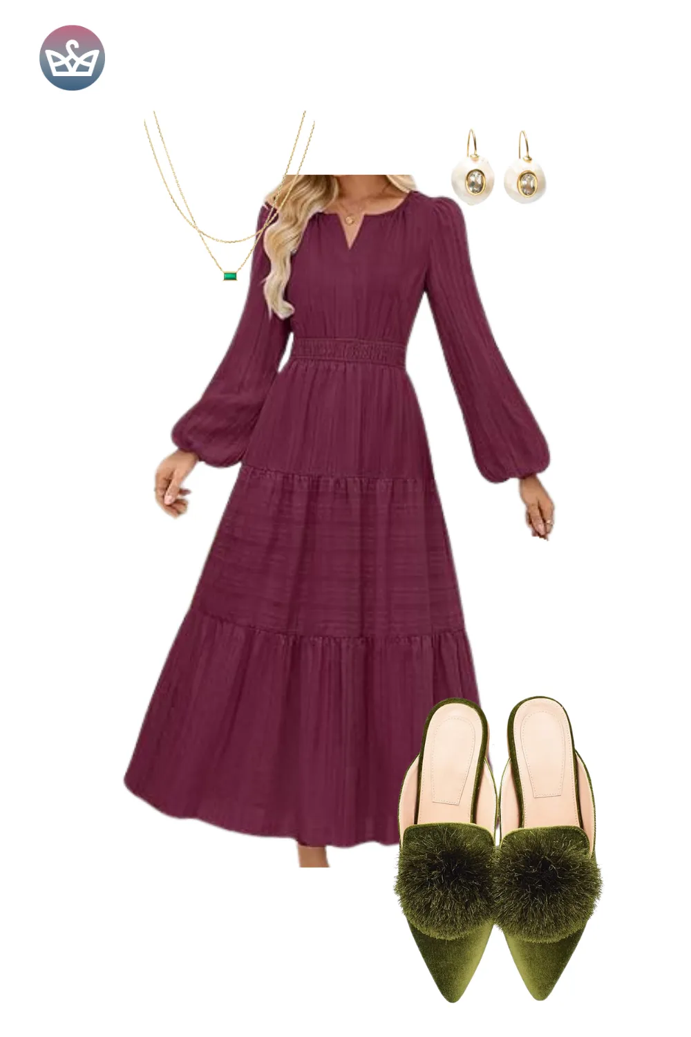 Deep plum long-sleeve tiered dress with green velvet mules and gold jewelry.