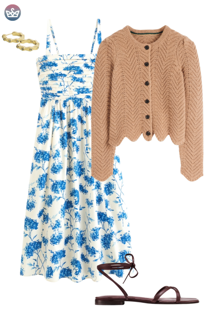 How to style cardigans over summer clothes cardigan outfit ideas that keep you cool and look pulled together 5 adjust my crown A summer ready cardigan outfit idea pairing a white midi dress with a vibrant blue hydrangea floral print with a cropped scallop edged tanbrown chevron knit cardigan The outfit is finished with simple burgundy lace up flat sandals and gold snake style hoop earrings
