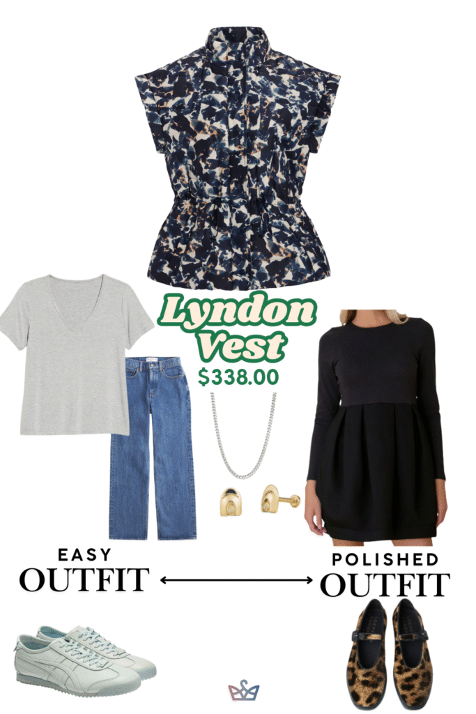 A collage demonstrating how to style a blue patterned women's vest. The casual look uses a t-shirt, jeans, and sneakers. The polished version is worn over a black dress with heeled sandals.