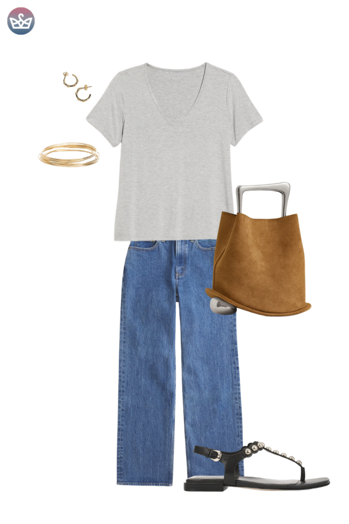 12 must have suede bags for fall that will elevate any outfit 5 adjust my crown A tan leather bucket bag completing a minimalist casual outfit featuring a grey t shirt and wide leg jeans