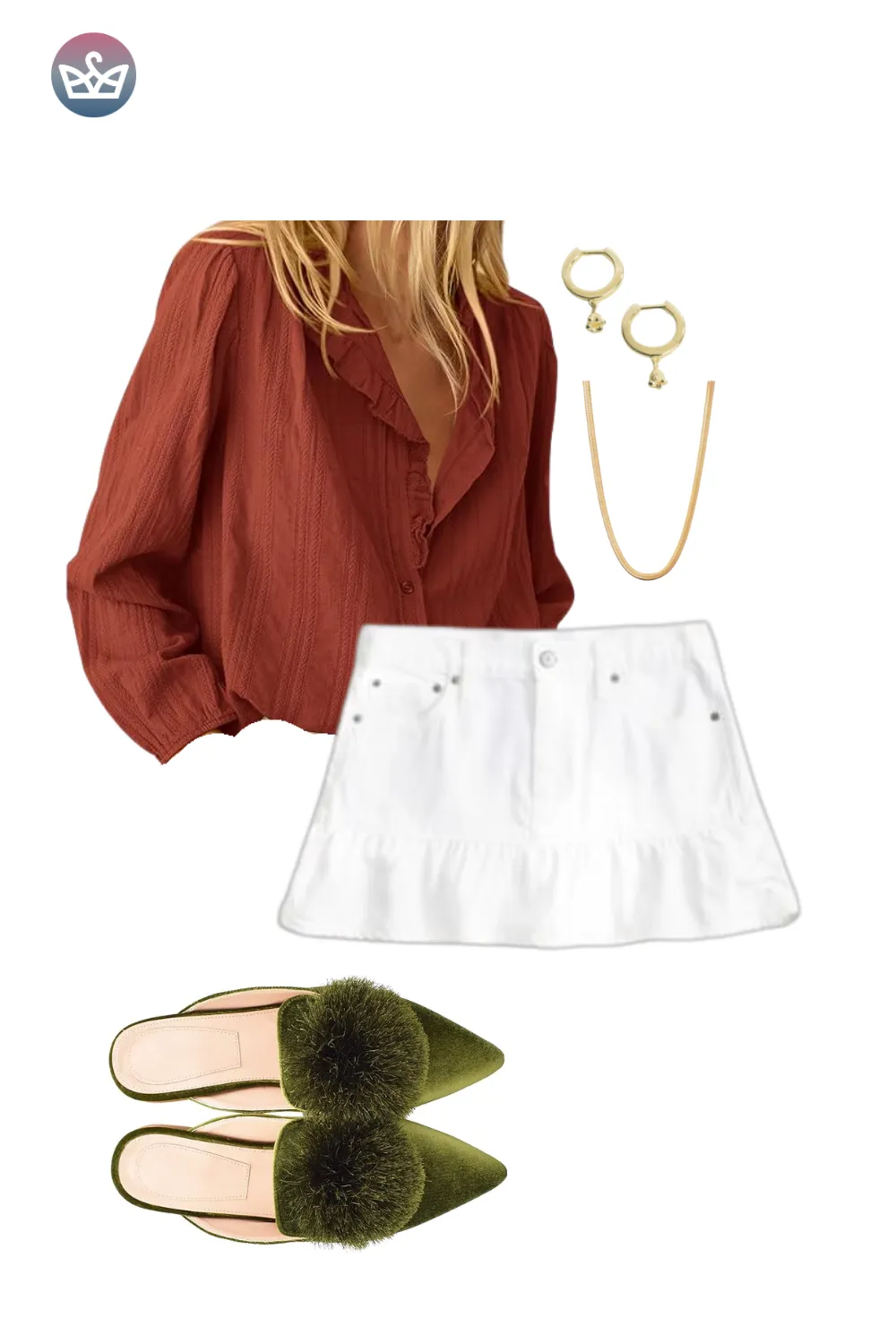 Rust blouse with white mini skirt and green velvet flats.