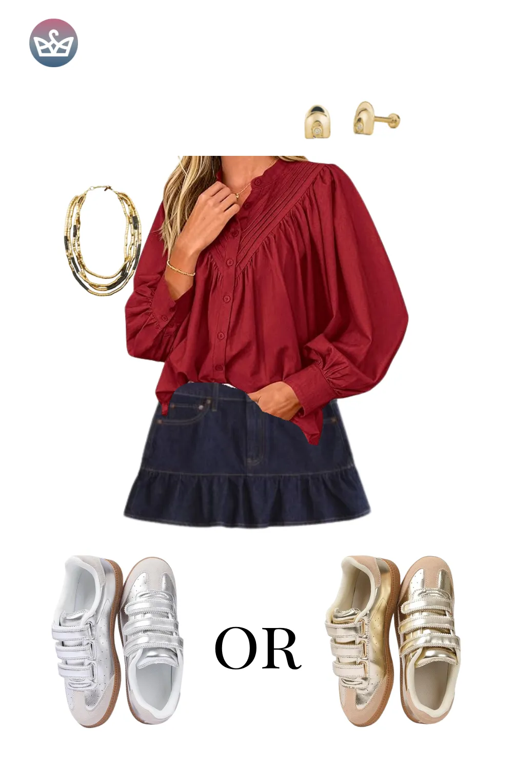 Red blouse with navy skirt and white sneakers for a modern fall outfit.