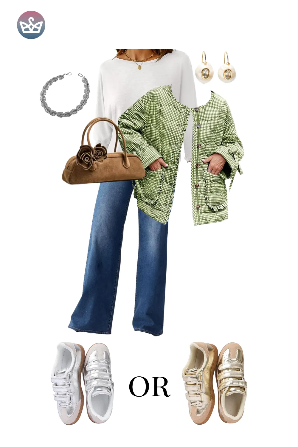 White sweater with green quilted jacket, jeans, and white sneakers.