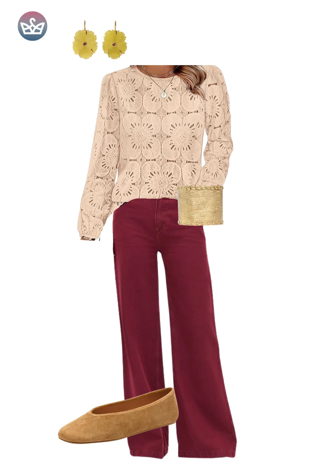 Cream printed blouse with burgundy pants and camel flats.