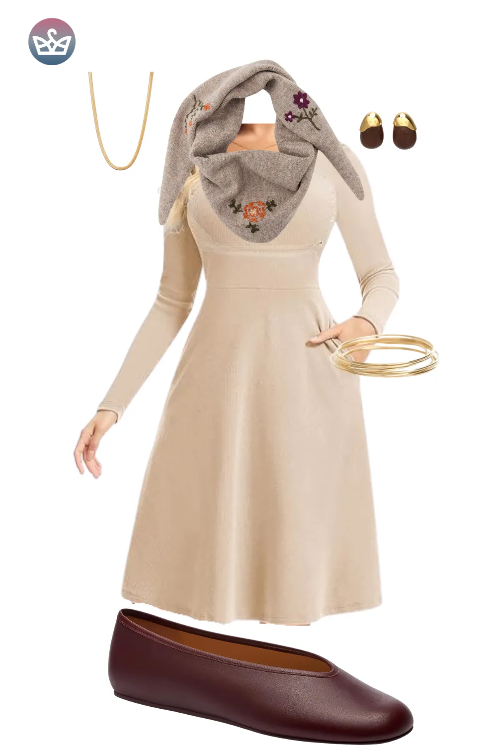 Beige knit dress with scarf, gold jewelry, and brown flats.