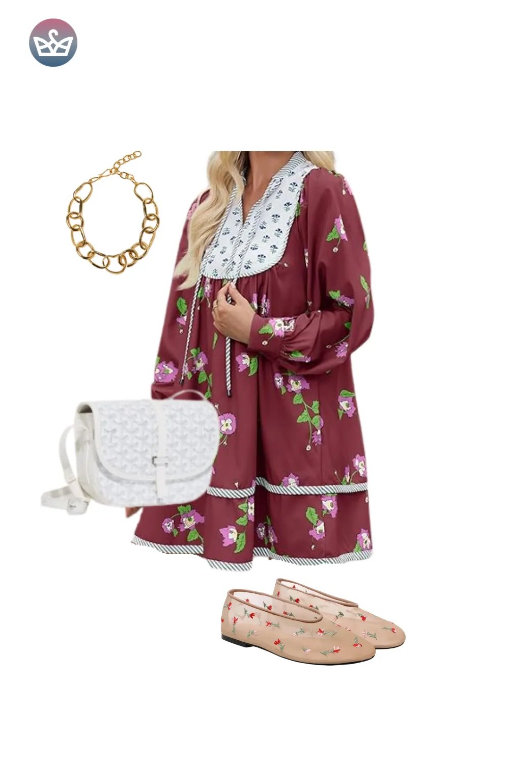Burgundy floral mini dress with white handbag and blush loafers.