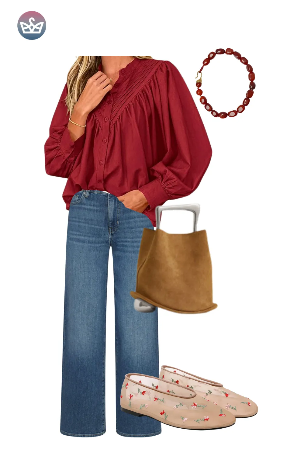 Red blouse with jeans, brown suede bag, and embroidered loafers.