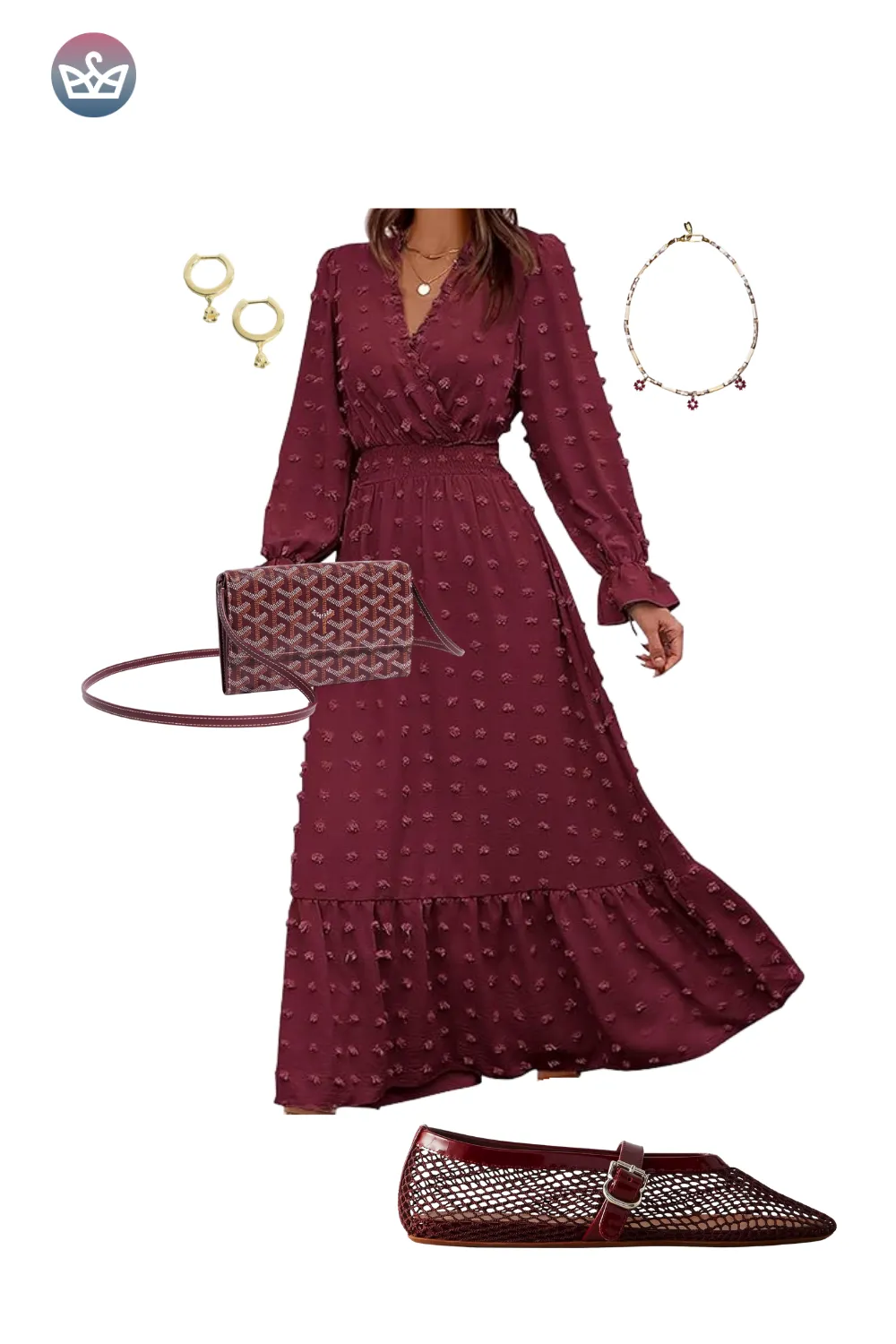 Burgundy lace maxi dress with red crossbody bag and embroidered loafers.