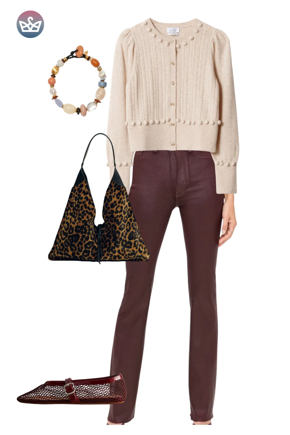 Cream blouse with pintuck detail, burgundy pants, and leopard tote.
