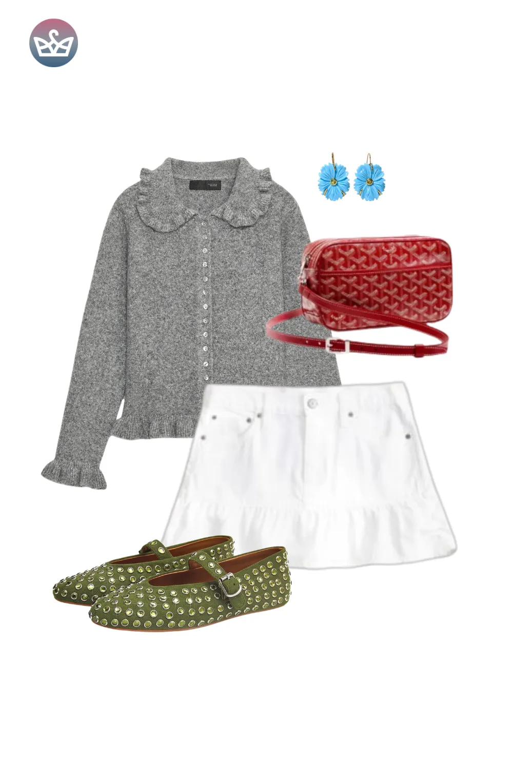 Gray button-down shirt with white mini skirt, red bag, and green flats.