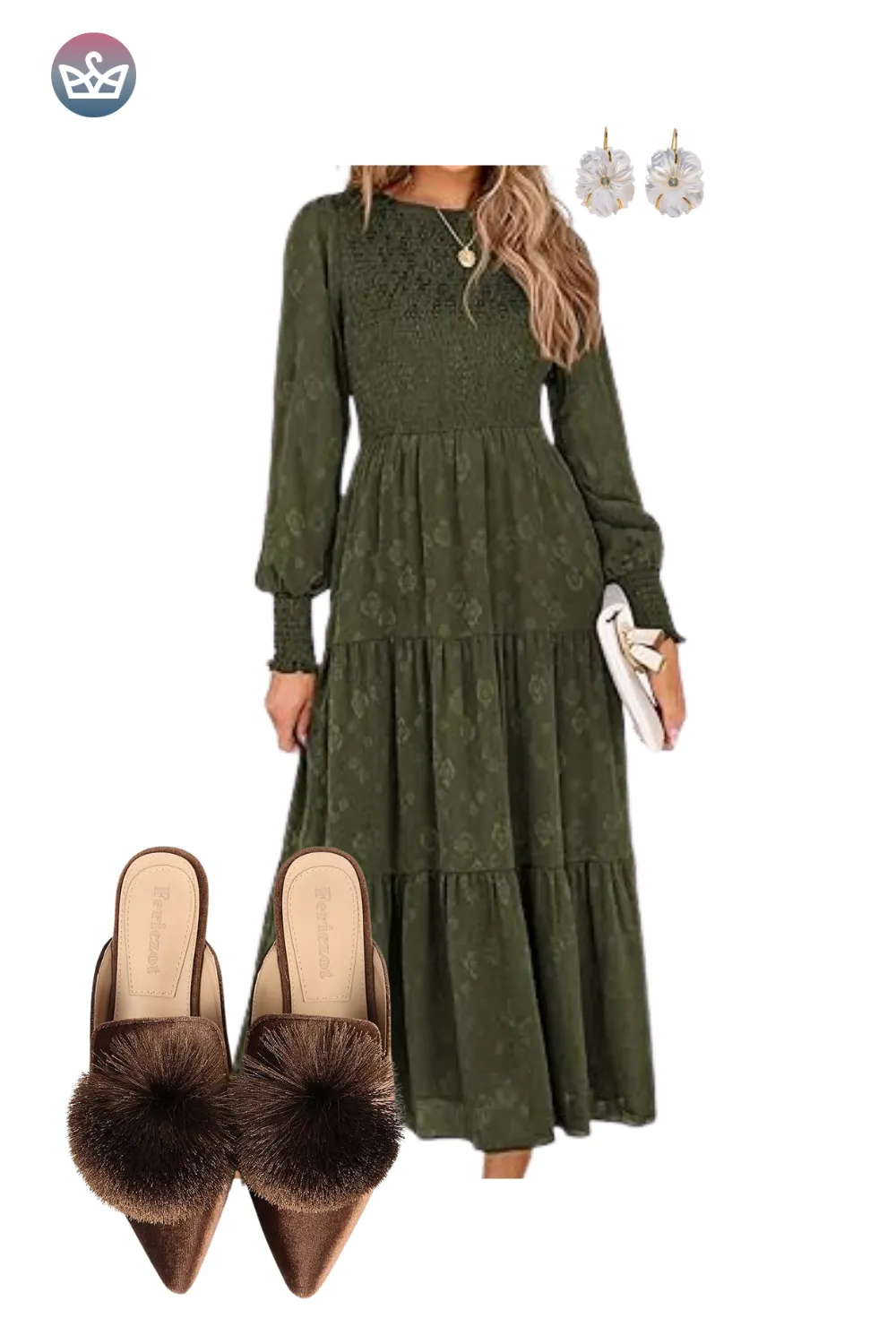 Olive green smocked dress with tiered skirt and brown pom-pom mules styled for fall.