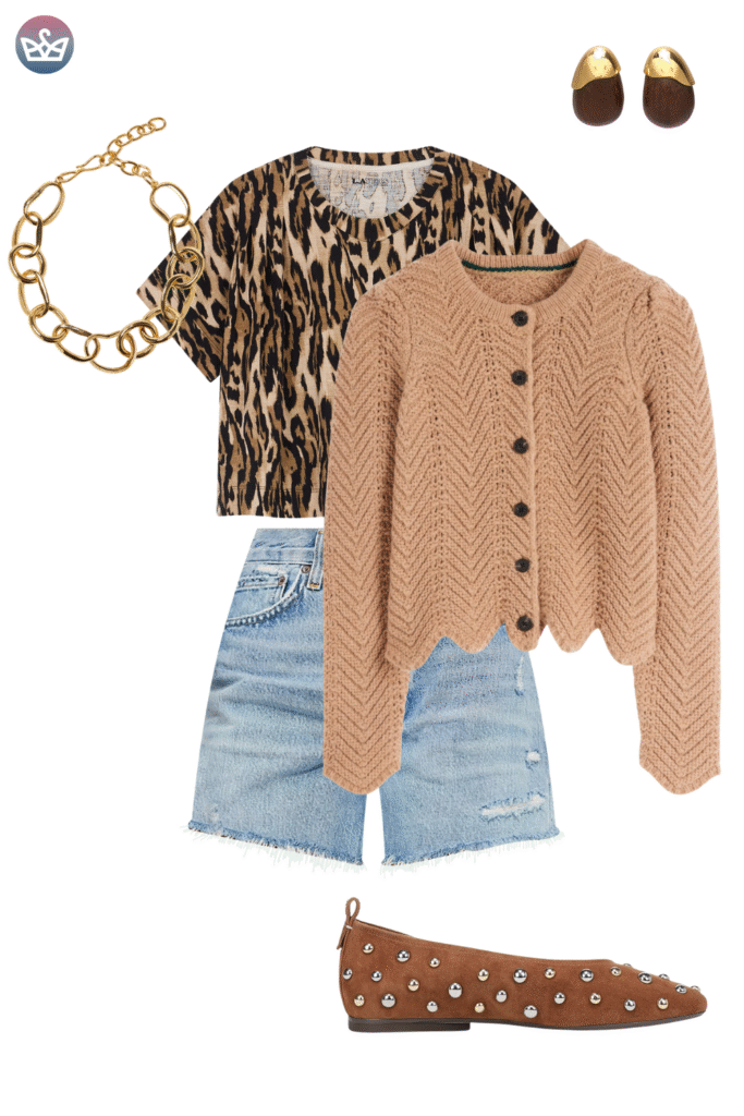 How to style cardigans over summer clothes cardigan outfit ideas that keep you cool and look pulled together 6 adjust my crown A bold and textured cardigan outfit idea featuring a leopard print t shirt tucked into distressed light wash denim shorts The outfit is layered with a cropped scallop edged tanbrown chevron knit cardigan and accessorized with a chunky gold chain bracelet and studded brown suede pointed flats