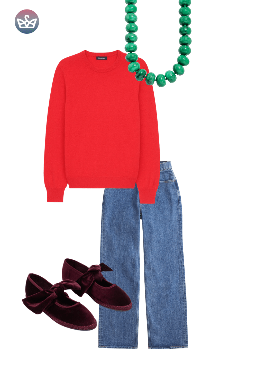 Red crewneck sweater, wide-leg jeans, burgundy velvet slippers, and a chunky green beaded necklace.
