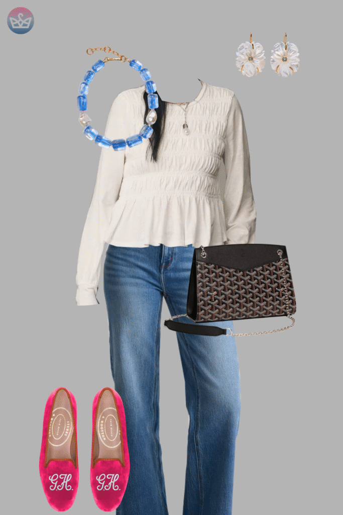 Modern and fresh how to style a white shirt like a pro 6 adjust my crown A vibrant outfit highlighting how to style a white shirt a white long sleeve top with straight leg blue jeans bright pink pointed flats a black patterned handbag and a blue statement necklace