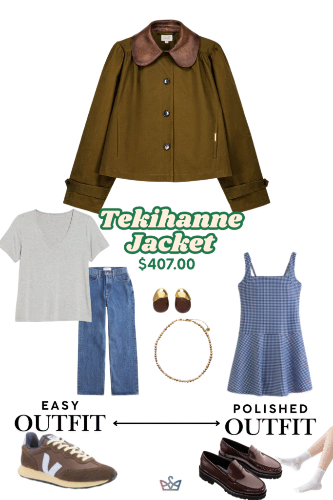 Styling options for a brown women's jacket. The easy outfit pairs it with a t-shirt, jeans, and casual sneakers. The polished outfit layers it over a blue patterned dress with heels, making it a great alternative to traditional winter coats for women.