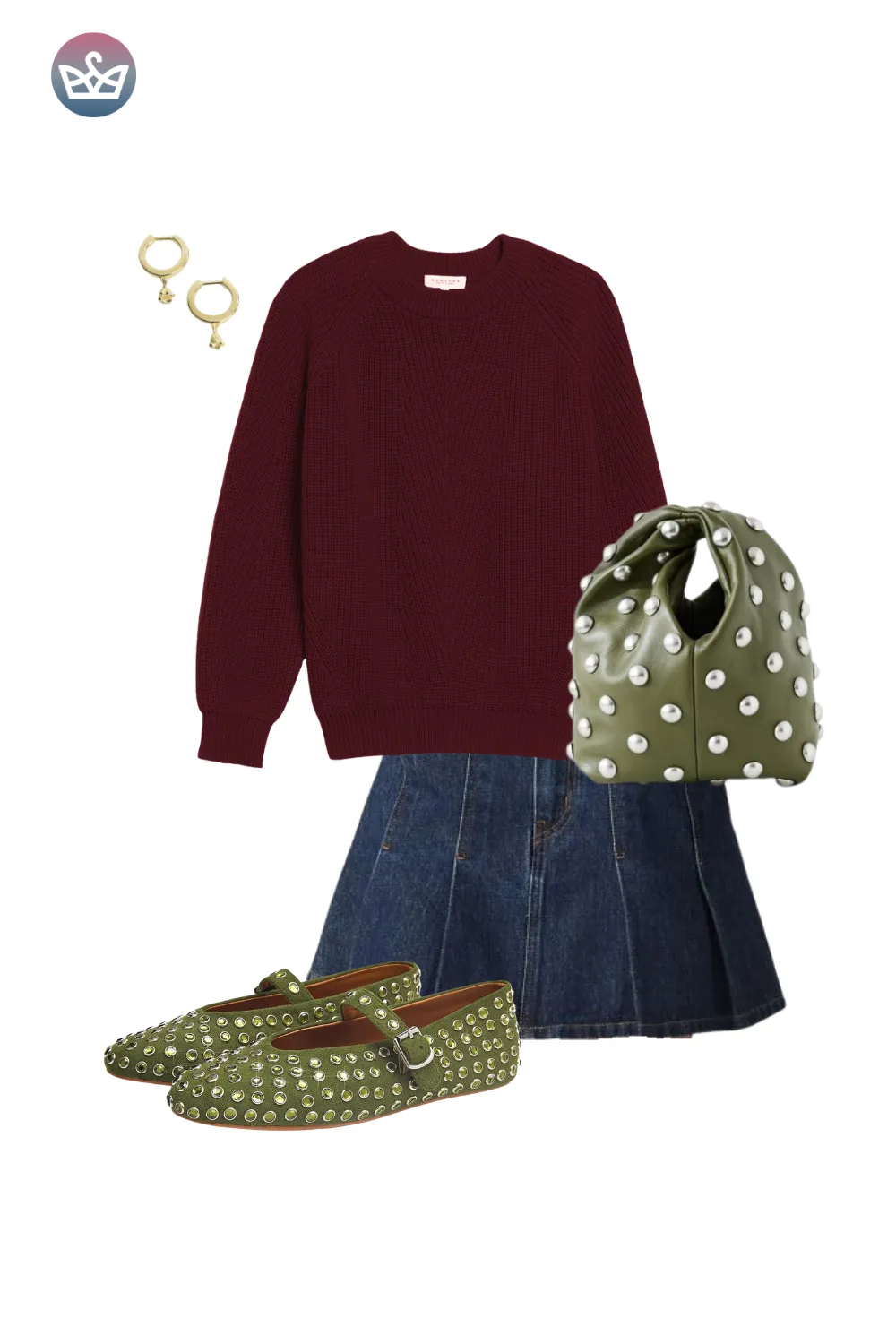 Burgundy sweater with denim skirt and green studded flats.