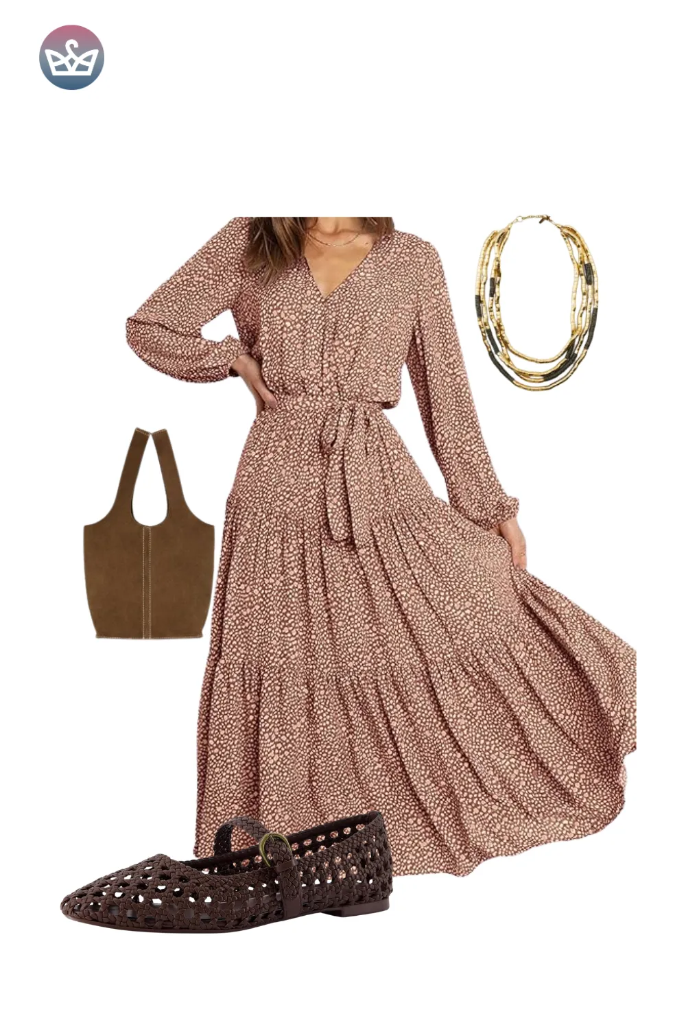 Brown long-sleeve maxi dress with tan tote and loafers.