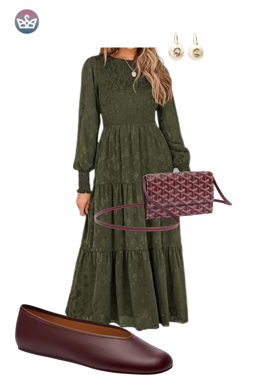 Olive green tiered midi dress paired with burgundy flats and matching crossbody bag.