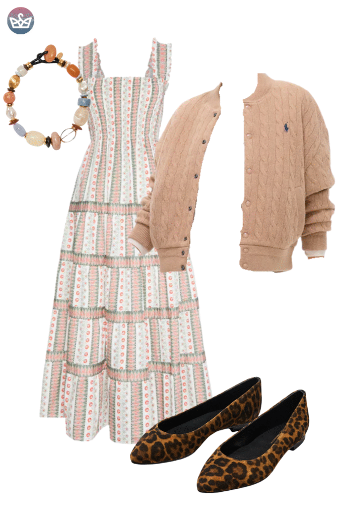 How to style cardigans over summer clothes cardigan outfit ideas that keep you cool and look pulled together 7 adjust my crown A classic and cozy cardigan outfit idea featuring a light pink and white tiered maxi dress layered with a cable knit polo ralph lauren cardigan in tancamel The outfit is completed with coordinating leopard print pointed flats and a multi colored stone bead bracelet