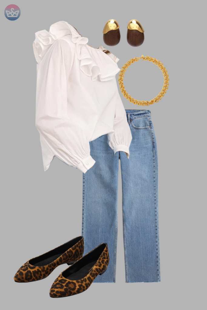Modern and fresh how to style a white shirt like a pro 7 adjust my crown A stylish everyday look for how to style a white shirt a ruffled white blouse with straight leg blue jeans leopard print flats and gold layered necklaces and earrings