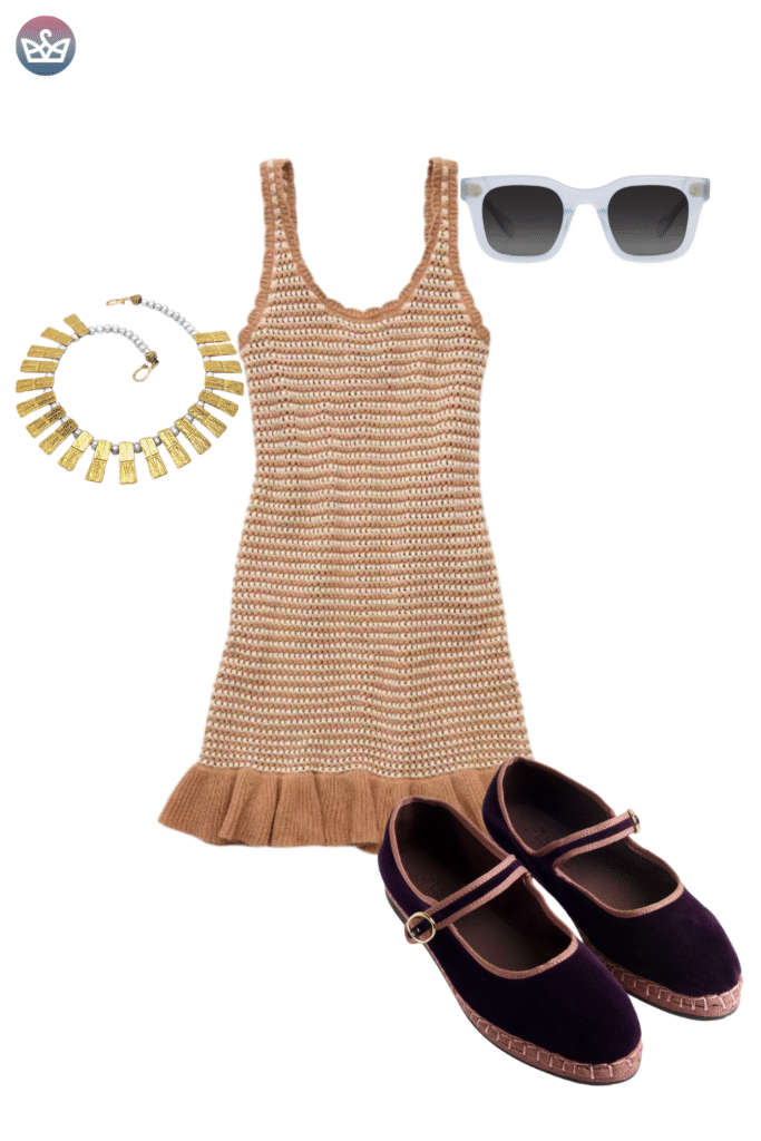 Effortlessly chic fall outfit featuring a ribbed camel colored knit mini dress with a ruffled hem oversized white sunglasses and a chunky gold statement necklace The look is grounded with trendy dark velvet mary jane flats with rose gold trim highlighting a polished footwear choice for transitional autumn weather