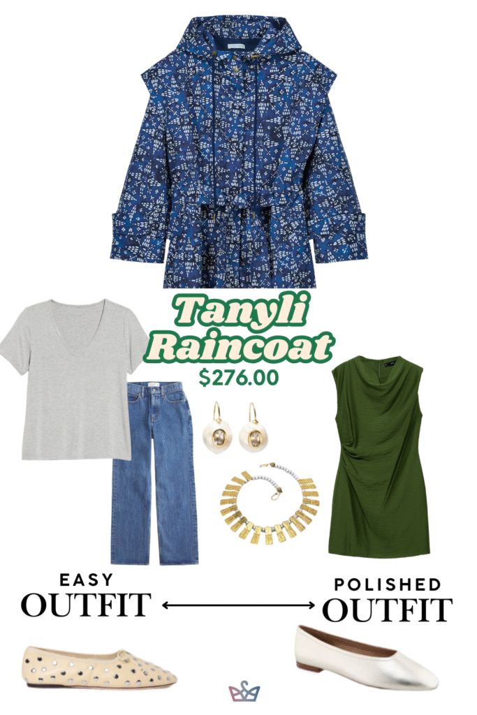 A style guide for a blue patterned women's raincoat. The easy outfit includes a t-shirt, jeans, and clogs. The polished outfit shows it over a green dress with white flats.