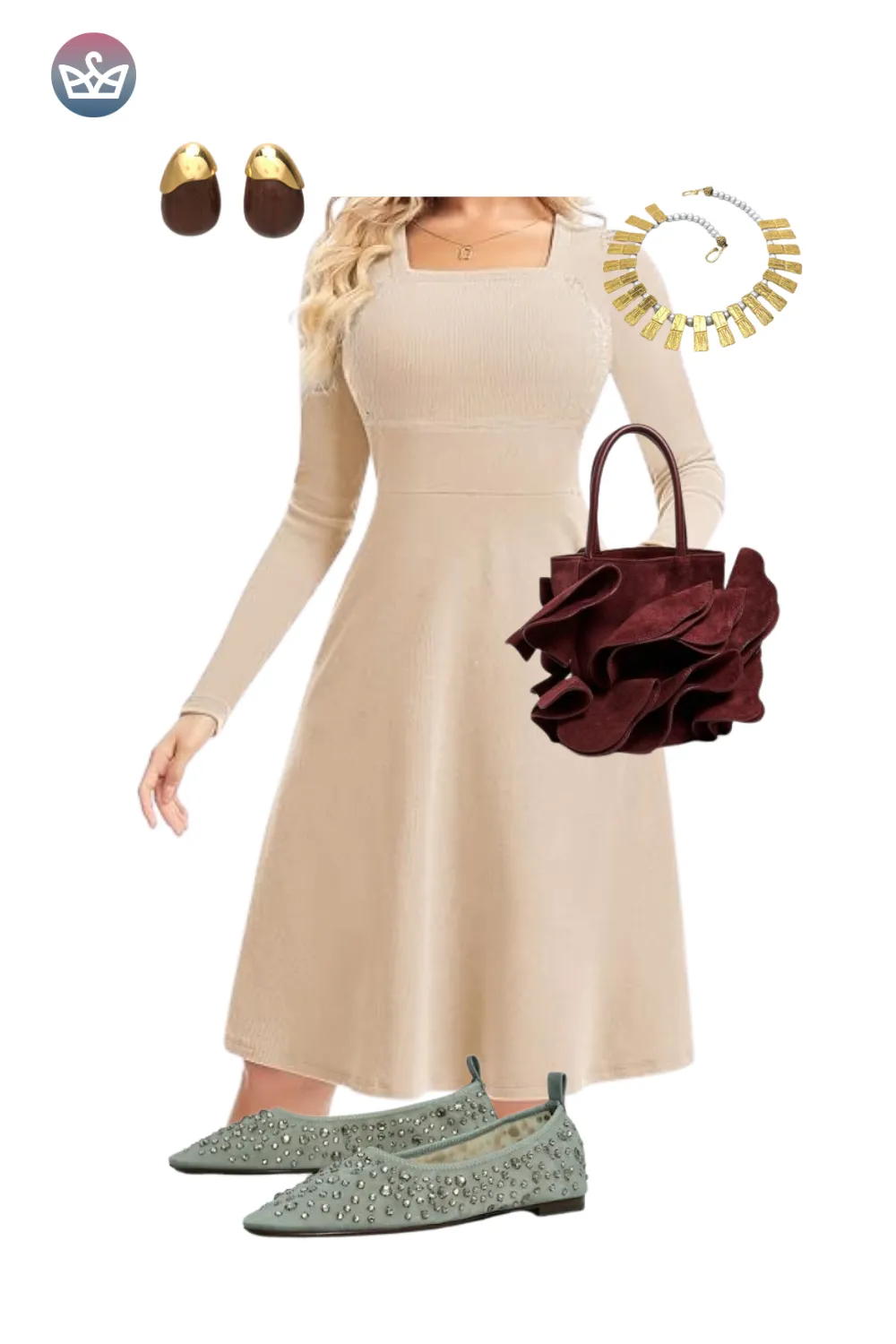 Beige long-sleeve ribbed dress with embellished flats and burgundy ruffle bag.