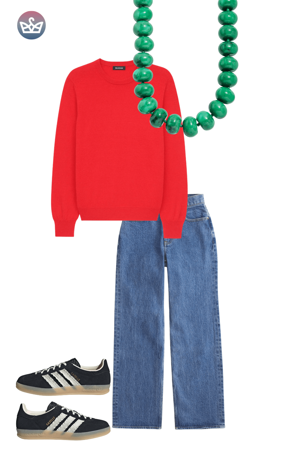 Red crewneck sweater, wide-leg jeans, black sneakers, and a chunky green beaded necklace.