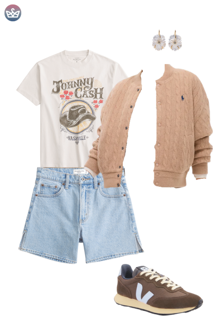 How to style cardigans over summer clothes cardigan outfit ideas that keep you cool and look pulled together 8 adjust my crown A cozy and casual cardigan outfit idea for the weekend featuring a white graphic t shirt and distressed denim shorts layered with a cable knit cameltan polo ralph lauren cardigan The outfit is completed with brown running sneakers and delicate white flower shaped earrings