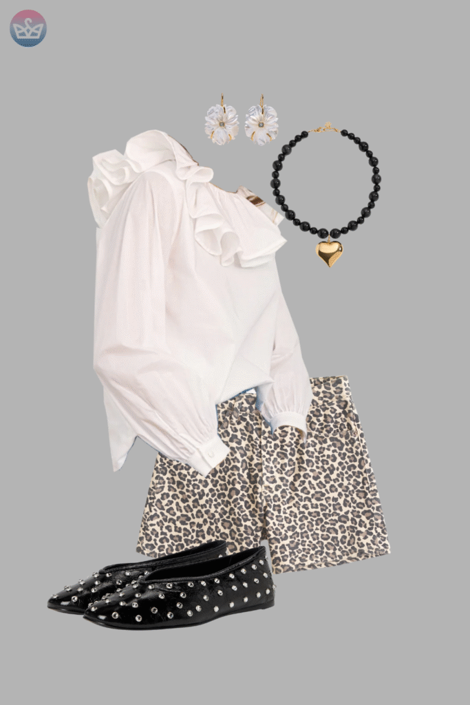Modern and fresh how to style a white shirt like a pro 8 adjust my crown An elegant evening outfit showing how to style a white shirt a white ruffled blouse with a leopard print midi skirt black slip on sandals and layered silver and pearl necklaces with hoop earrings