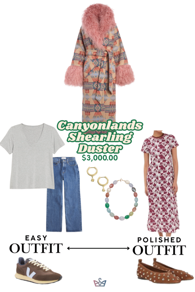 Two ways to wear one of the most stylish winter coats for women a patterned coat with pink shearling The easy outfit styles it with a t shirt and jeans The polished outfit pairs it with a long floral dress