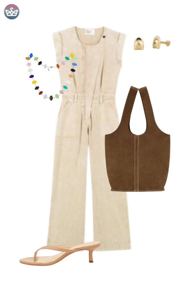 12 must have suede bags for fall that will elevate any outfit 8 adjust my crown A classic brown suede tote bag styled with a chic bohemian cream jumpsuit and colorful jewelry