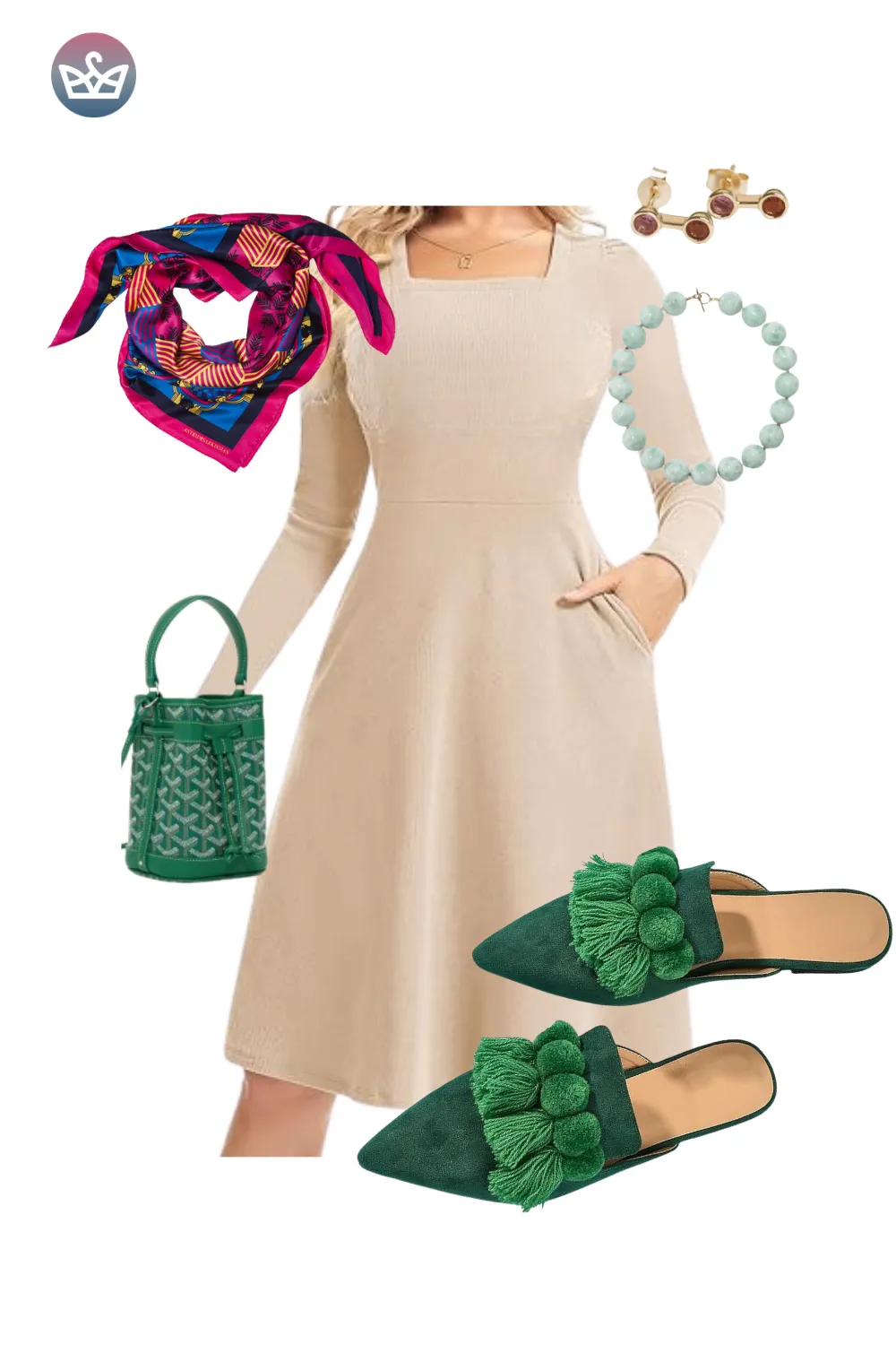 Beige long-sleeve midi dress with green tasseled mules, colorful scarf, and green bucket bag.