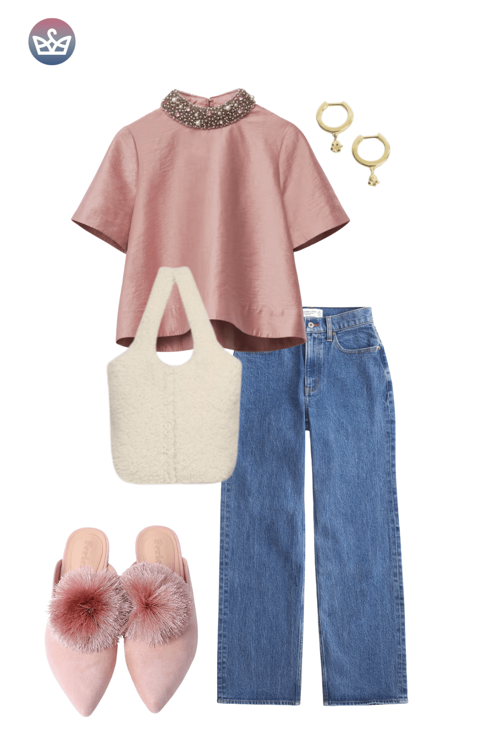 Pink pearl collar top, wide-leg jeans, pink velvet mules, and a cream tote bag.
