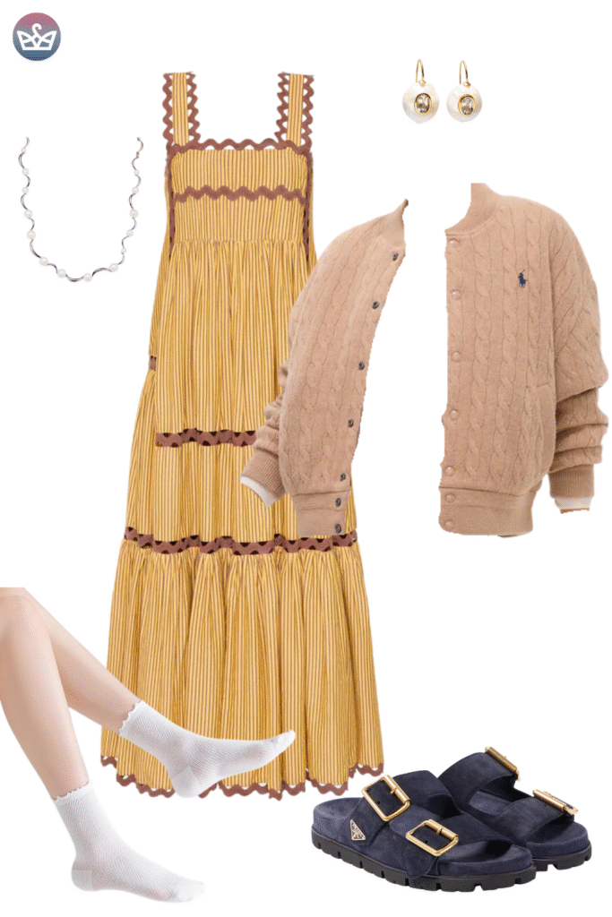 How to style cardigans over summer clothes cardigan outfit ideas that keep you cool and look pulled together 9 adjust my crown A preppy and bohemian cardigan outfit idea featuring a yellow striped tiered maxi dress with scalloped trim paired with a cozy cable knit cameltan polo ralph lauren cardigan The look is contrasted with white ruffle trim socks chunky navy blue buckled sandals and a delicate silver necklace