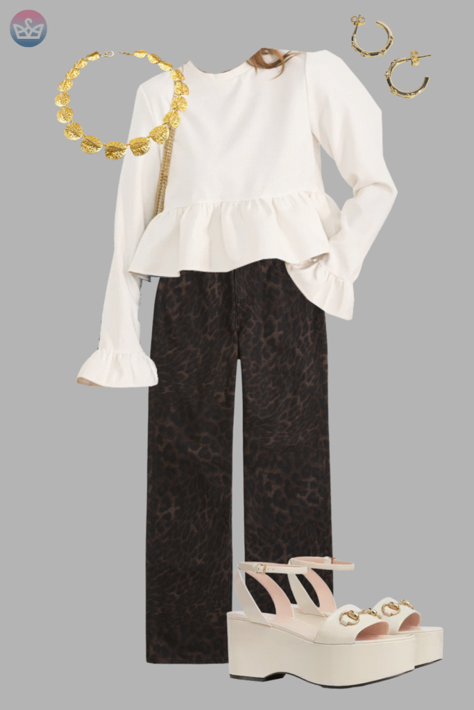 Modern and fresh how to style a white shirt like a pro 9 adjust my crown A retro chic example of how to style a white shirt a textured white blouse paired with dark patterned trousers white platform wedge sandals and bold gold jewelry