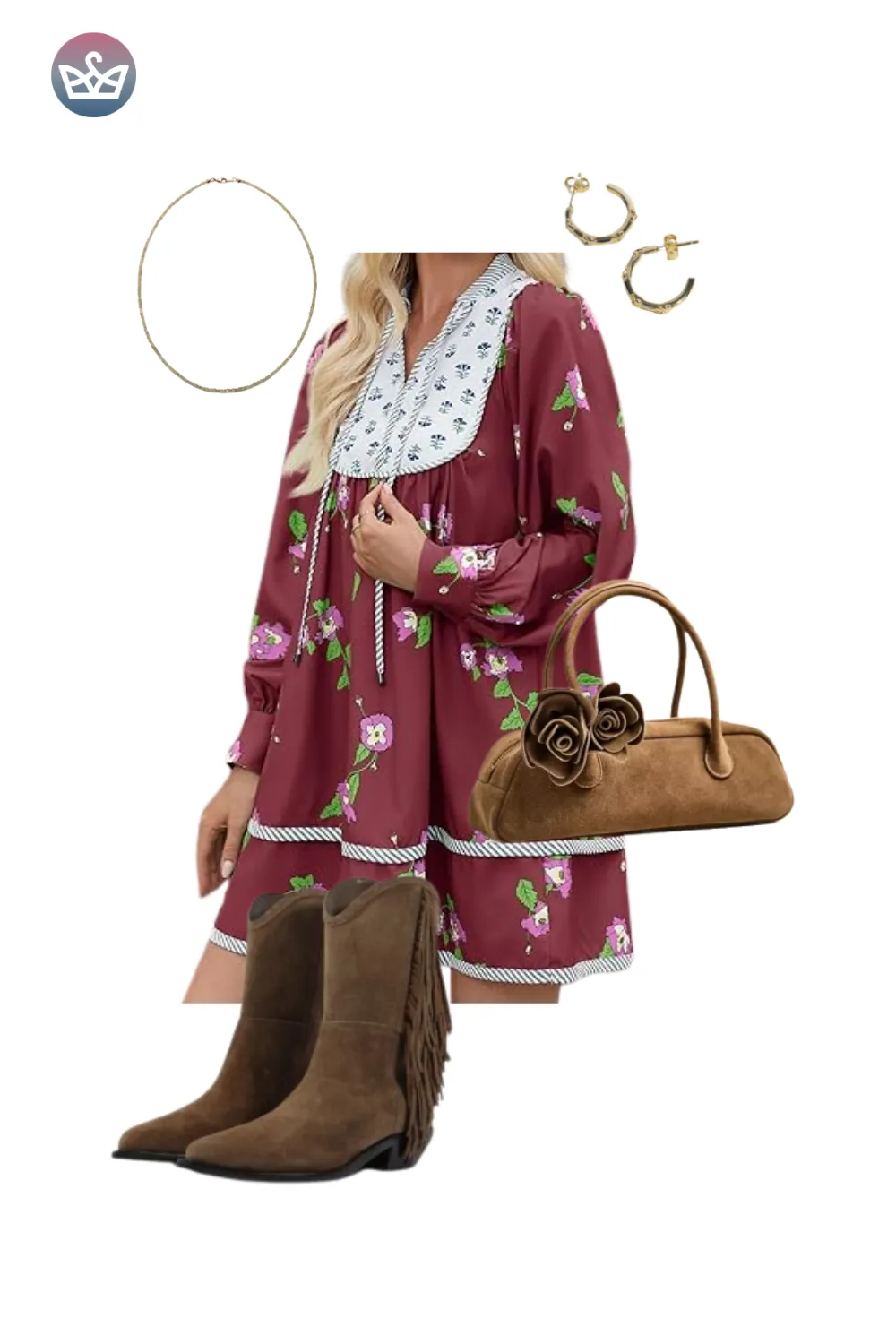 Maroon floral mini dress with white printed collar, brown fringe boots, and floral handbag.