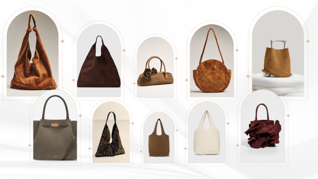 A collage of 12 different suede bags in various fall colors like brown, burgundy, and olive green, styled for a fashion blog post about autumn accessories.