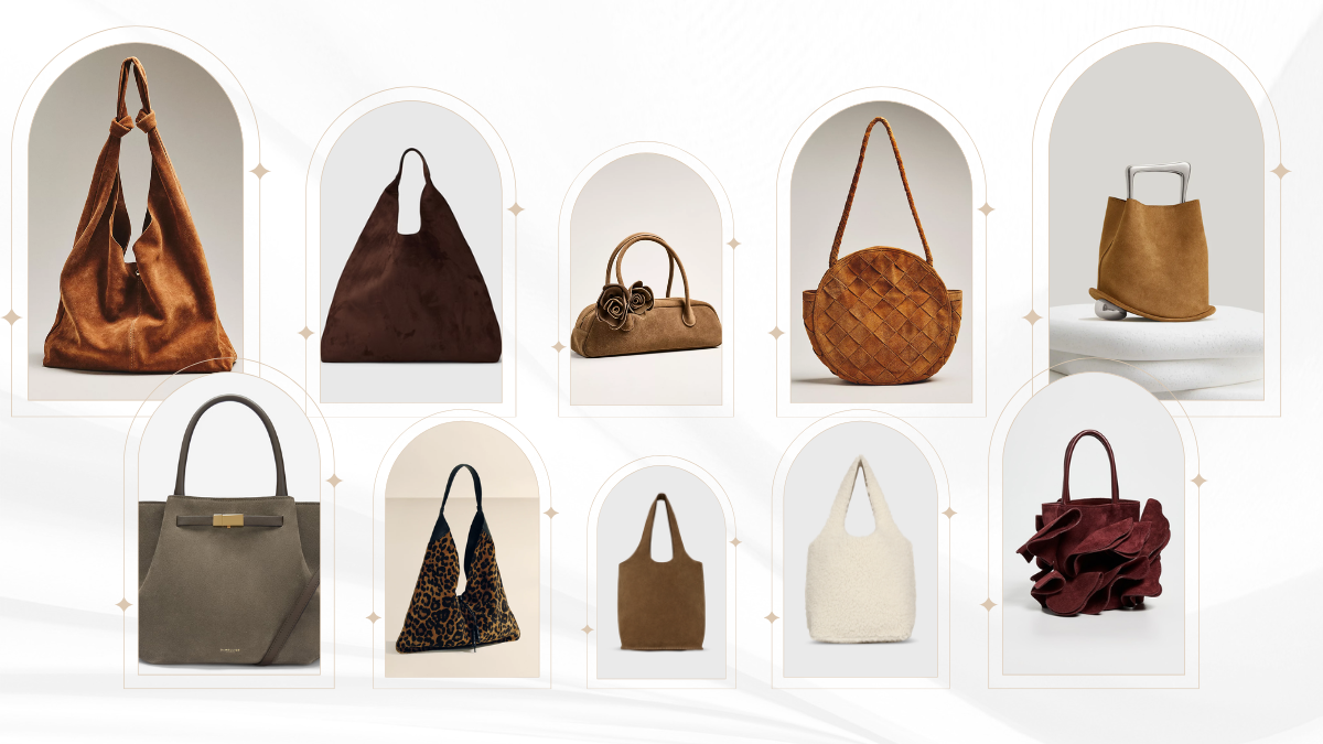 A collage of 12 different suede bags in various fall colors like brown, burgundy, and olive green, styled for a fashion blog post about autumn accessories.
