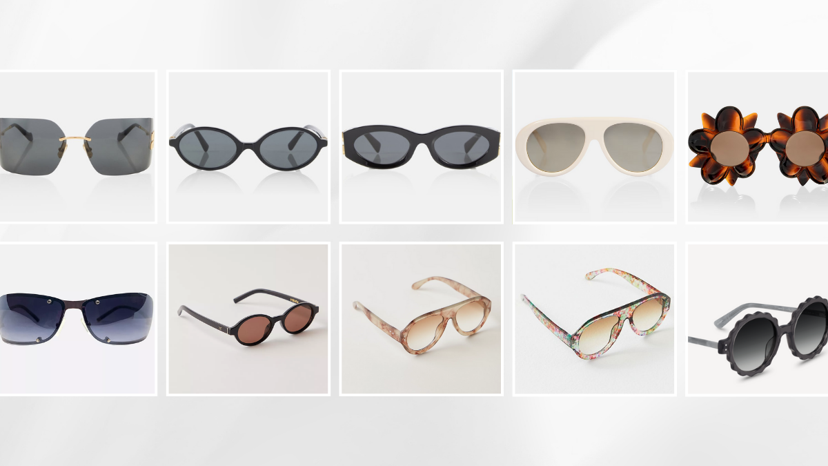 A row of cool sunglasses in tortoise, black, and gold frames styled for fall; includes old money sunglasses and aviators for timeless outfit ideas.