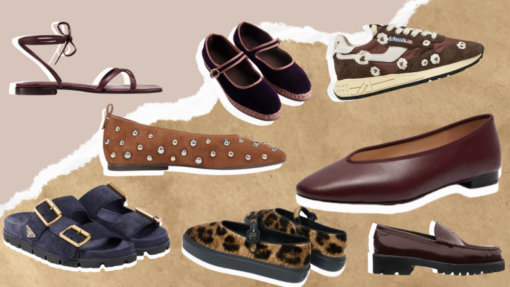Collage of eight women’s shoes for Fall Outfits: velvet Mary Janes, studded suede flats, burgundy ballet flats, burgundy loafers, floral sneakers, navy double-buckle slides, leopard platform Mary Janes, and a minimalist strappy sandal on a torn-paper background.