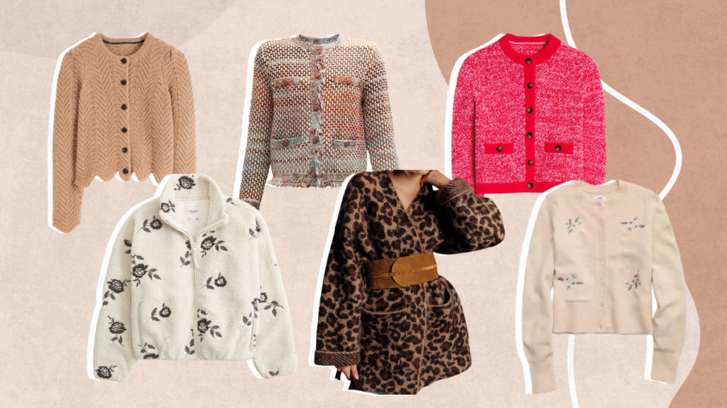 A collage of six different stylish cardigans: a tan scalloped knit cardigan, a tweed knit jacket-cardigan, a bright red button-up cardigan, a cream floral fleece jacket, a leopard-print belted cardigan, and a cream embroidered cardigan.