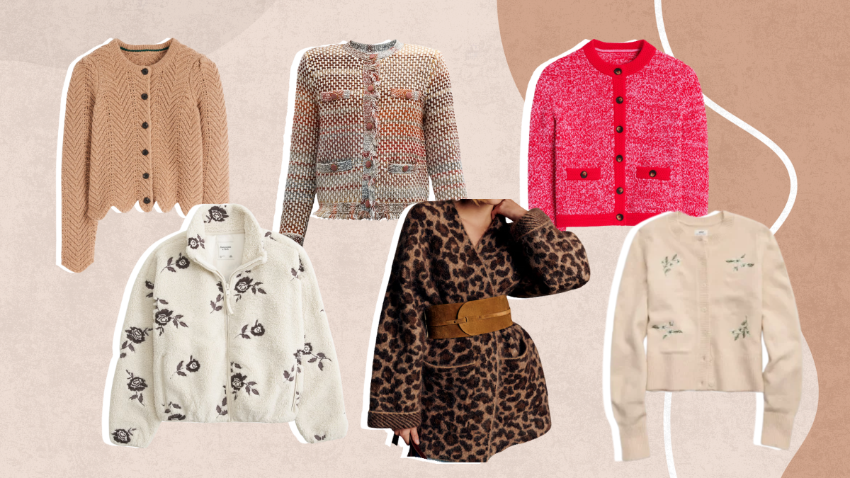 A collage of six different stylish cardigans: a tan scalloped knit cardigan, a tweed knit jacket-cardigan, a bright red button-up cardigan, a cream floral fleece jacket, a leopard-print belted cardigan, and a cream embroidered cardigan.