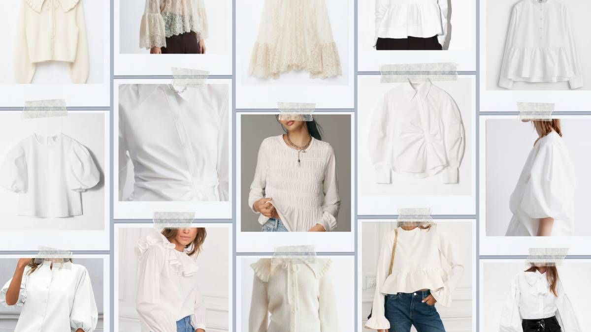 How to style a white shirt: A fashion collage of blouses with puff-sleeves, lace, and ruffles showing modern outfit ideas for a blog header.