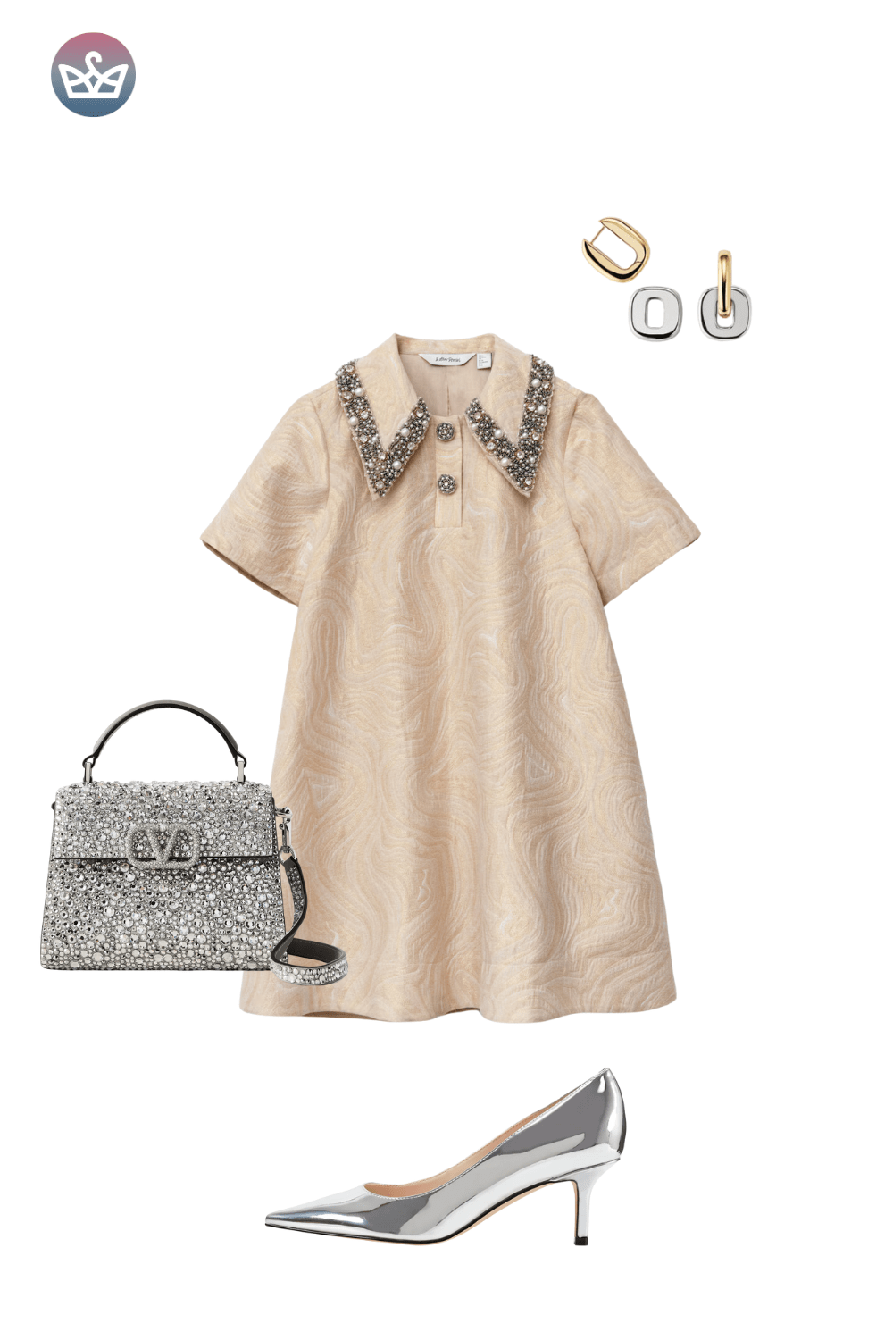 Beige jacquard mini dress with pearl collar, silver sparkle bag, and metallic silver kitten heels.